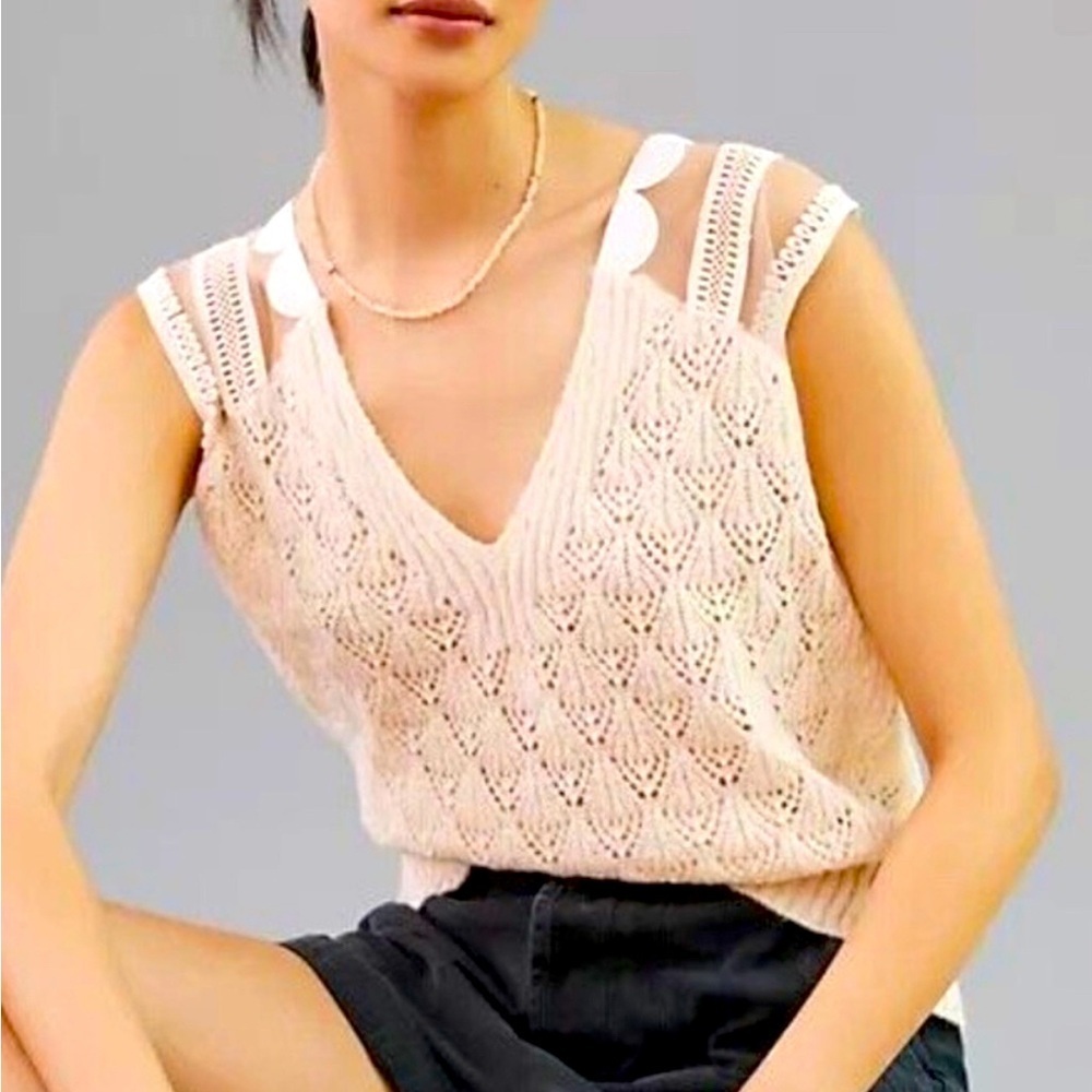 Anthropologie Maeve Cream Knit Embroidered Vest